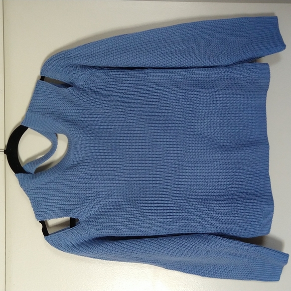 Blue Chocker twisted Ribbed Sweater Cold Shoulder Crop Wear Two Ways Size XL - Picture 7 of 14